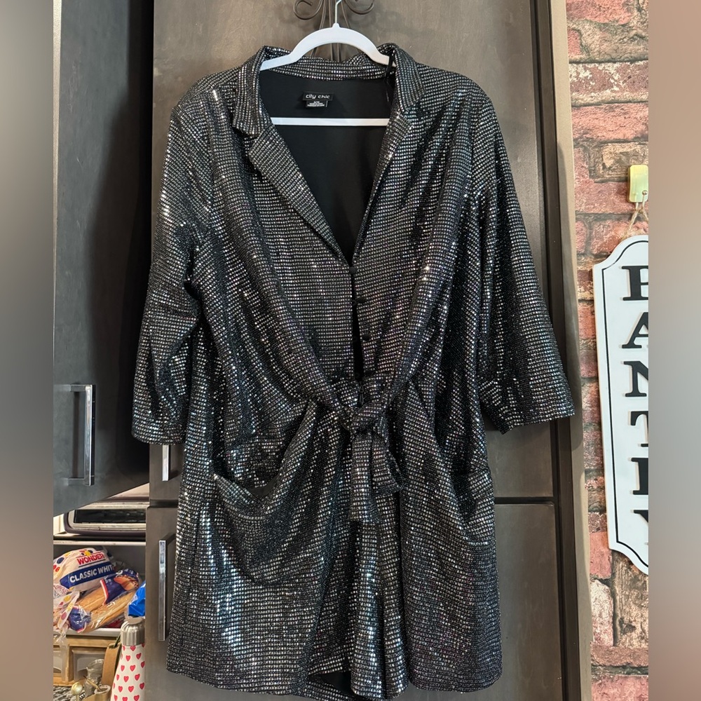 City Chic Black Sequin Long Sleeve Tie-Waist Dress